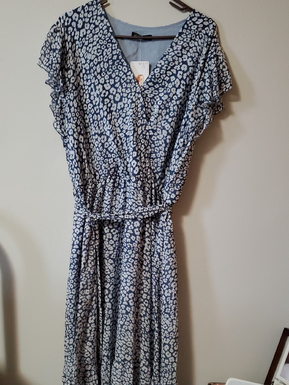Blue and White Printed Midi Wrap Dress with Tie Waist